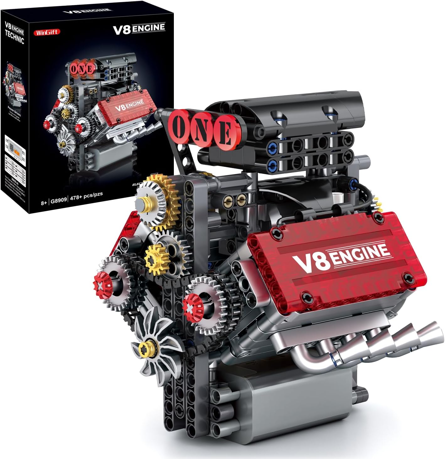 WINGIFT V8 Engine Building Set,V8 Engine Model kit that Run,Build Your Own STEM Mini V8 Model Engine Kit with Battery and Motor,8-Cylinder Car Engine Building Engineering Toys for Kids Adults(478PCS)