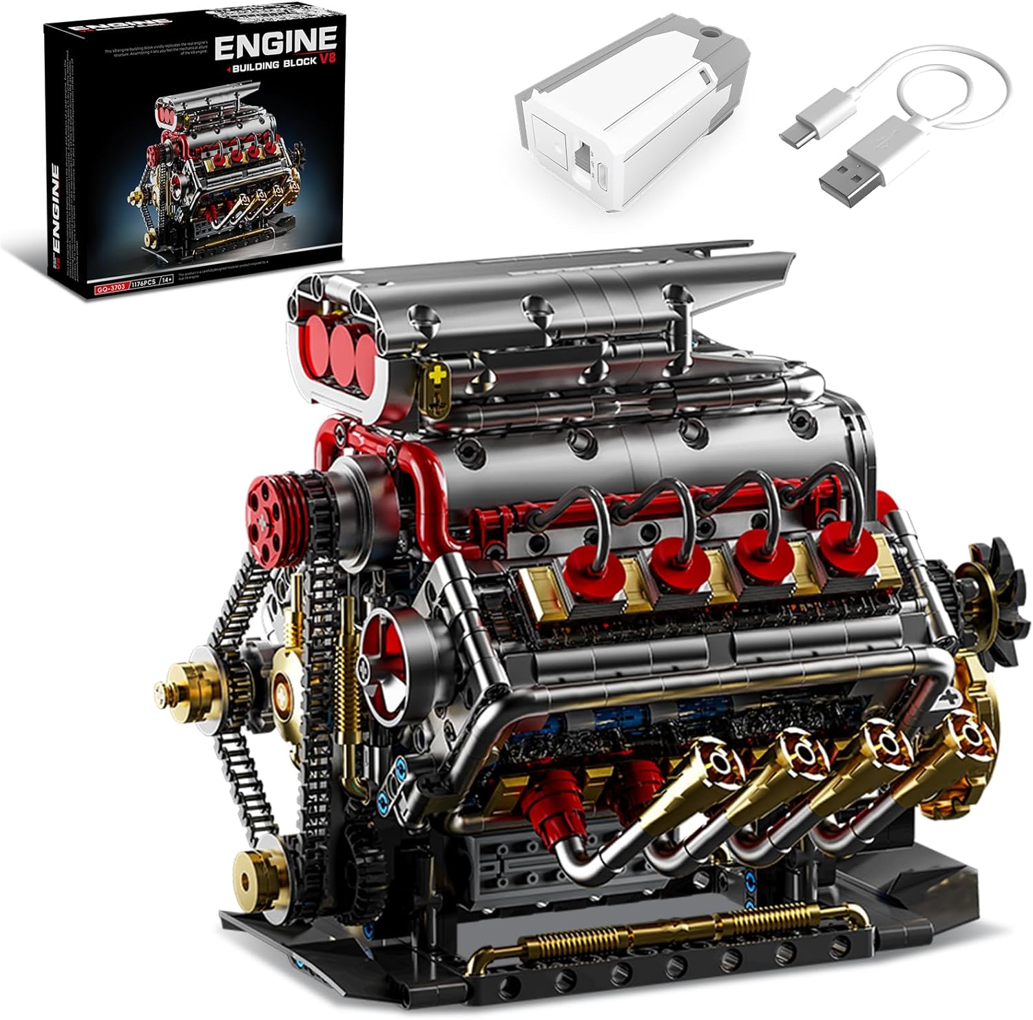 V8 Engine Model Kit that Runs, 8-Cylinder Car Engine Building Set with Rechargeable Motor, Compatible with Lego for Adults, STEM Engineering Construction Toy for Teens Boys (1176 PCS)