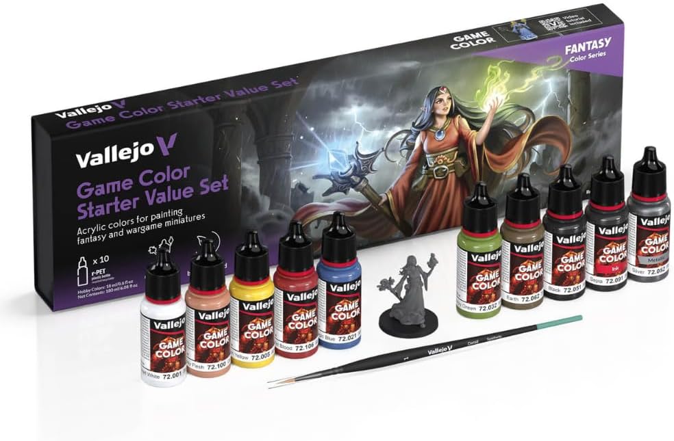 Vallejo - Game Color Starter Value Set, 10 x 18 ml (0.6 fl oz) Acrylic Colors with Brush and Exclusive Miniature, Beginner Miniature and Model Paint Kit for Tabletop and Fantasy Painting